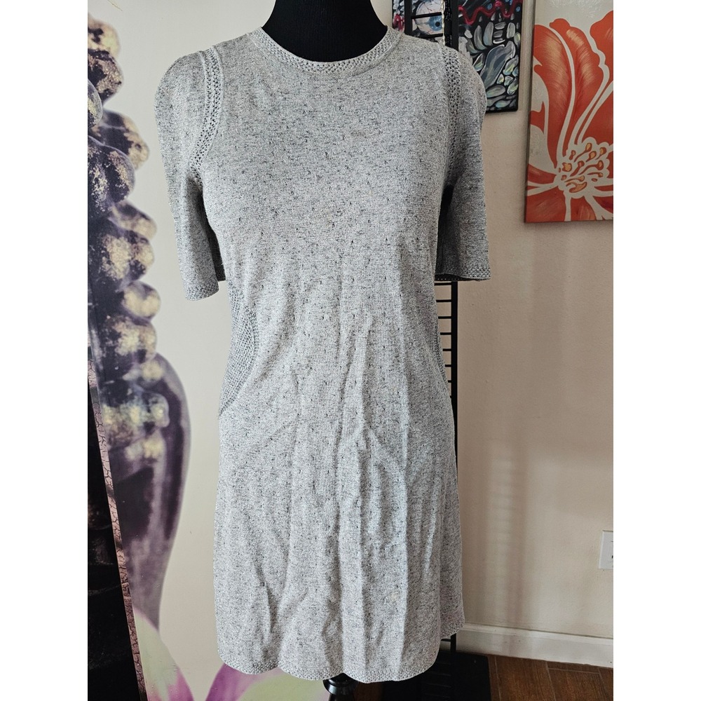 Chanel Grey Marl Metallic Knit Pointelle Short Sleeve Mini Dress Logo Button